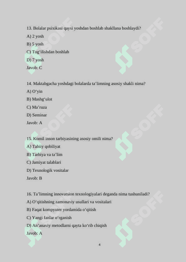 Pedagogika fanidan 100 ta test savollari va javoblari bilan 4