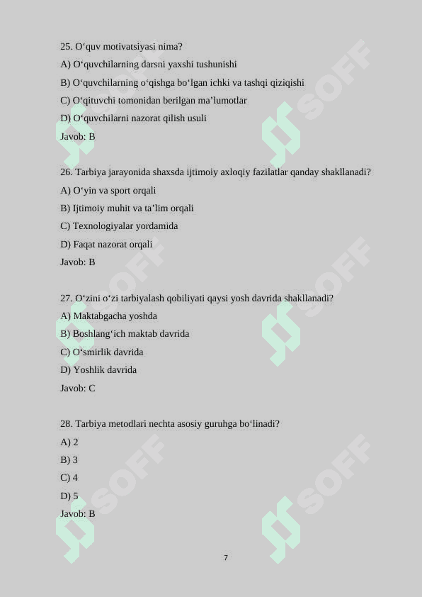 Pedagogika fanidan 100 ta test savollari va javoblari bilan 7