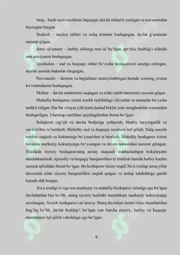 Xiva xonligida davlat boshqaruvi tizimi va Kengash (Devon) faoliyati 8