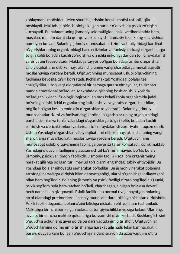 Kichik maktab yosh davrining o`ziga xos xususiyatlari 4