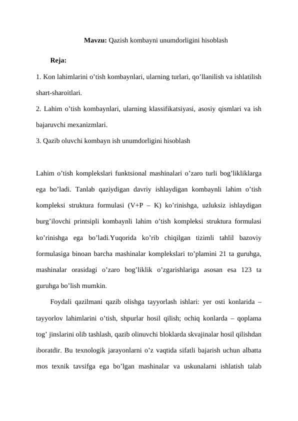Qazish kombayni unumdorligini hisoblash 1