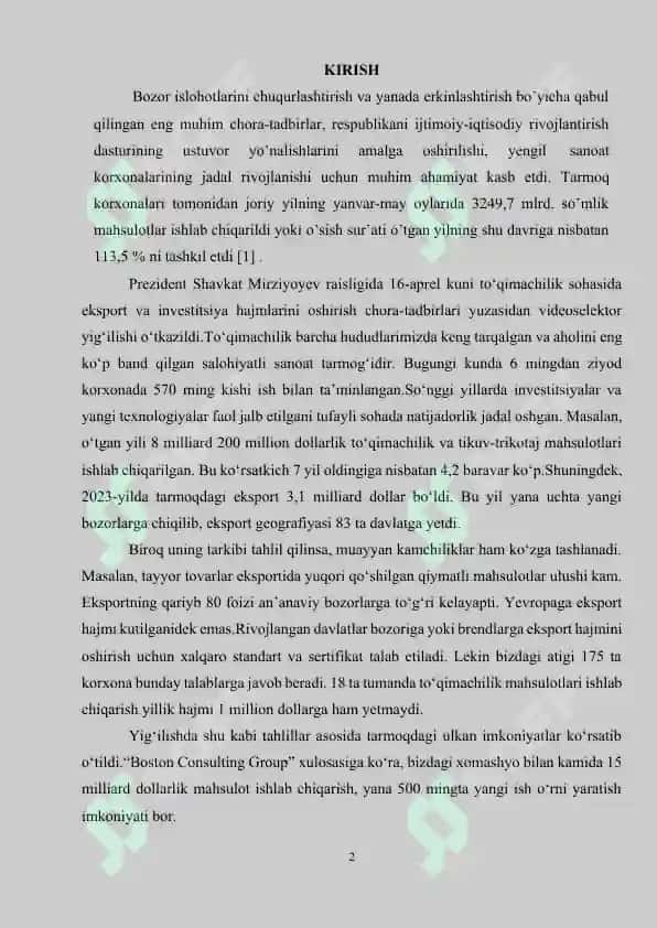 Paxta tolalaridan ip ishlab chiqarish texnologiyasini loyihalash, iqtisodiy samaradorligini aniqlash va mehnat muhofazasini ta’minlash 2