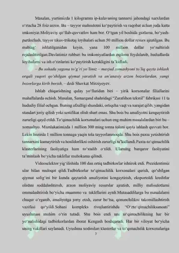 Paxta tolalaridan ip ishlab chiqarish texnologiyasini loyihalash, iqtisodiy samaradorligini aniqlash va mehnat muhofazasini ta’minlash 3