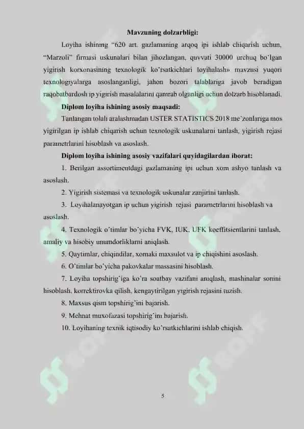 Paxta tolalaridan ip ishlab chiqarish texnologiyasini loyihalash, iqtisodiy samaradorligini aniqlash va mehnat muhofazasini ta’minlash 5