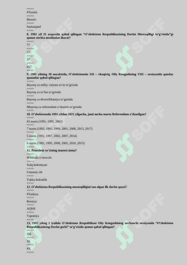 Test savollari Oʻzbekiston tarixi 2