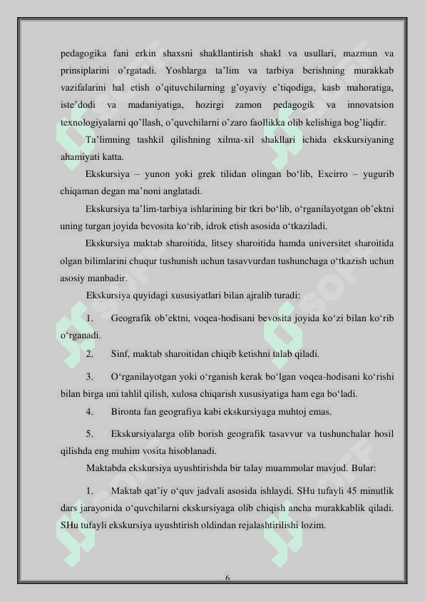 O’RTA UMUMTA’LIM MAKTABLARIDA TASHKIL QILINADIGAN EKSKURSIYA TURLARI VA ULARNI TASHKIL ETISH USLUBLARI 6