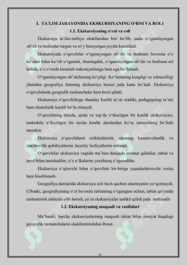 O’RTA UMUMTA’LIM MAKTABLARIDA TASHKIL QILINADIGAN EKSKURSIYA TURLARI VA ULARNI TASHKIL ETISH USLUBLARI 8