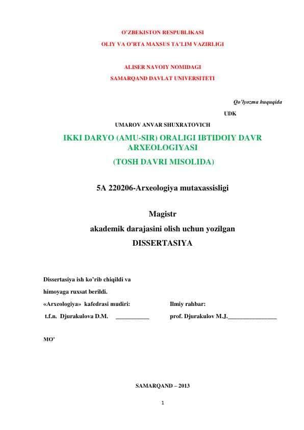 IKKI DARYO (AMU-SIR) ORALIGI IBTIDOIY DAVR ARXEOLOGIYASI (TOSH DAVRI MISOLIDA)