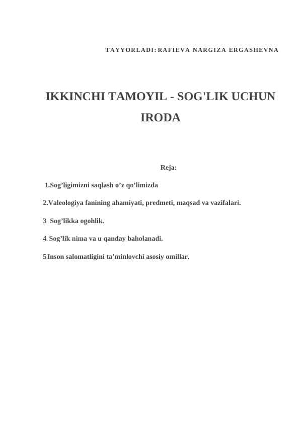 IKKINCHI TAMOYIL - SOG'LIK UCHUN IRODA