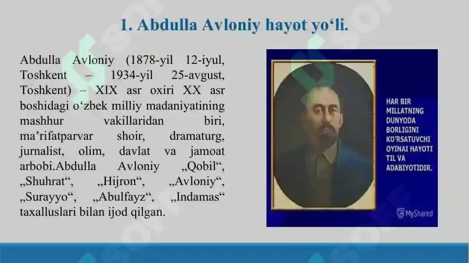 Abdulla Avloniy she'riyati. Taqdimot 10 bet. 2