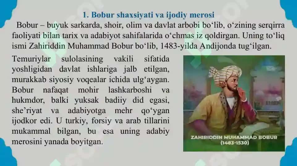 Boburnomada muallifning adabiy estetik qarashlari. Taqdimot 10 bet. 2