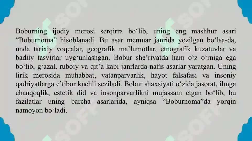 Boburnomada muallifning adabiy estetik qarashlari. Taqdimot 10 bet. 3