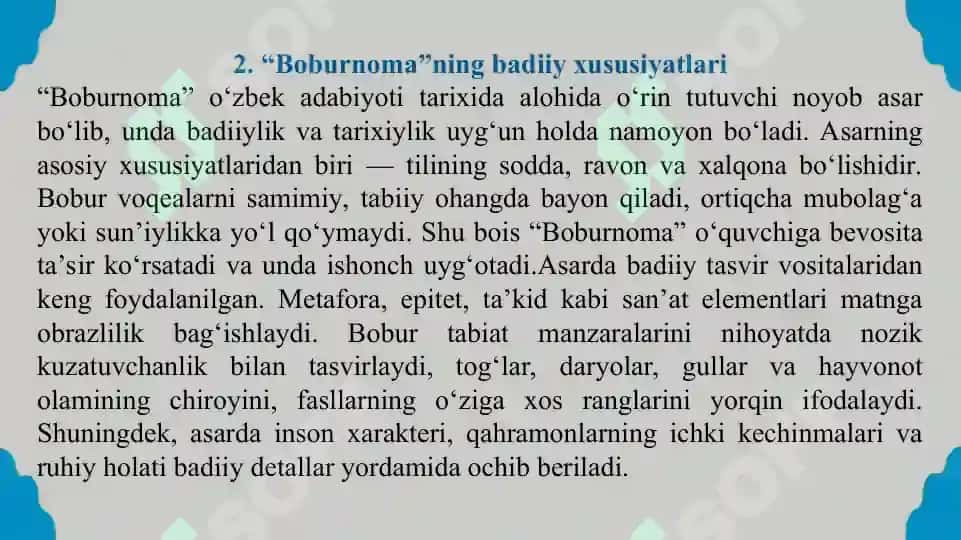 Boburnomada muallifning adabiy estetik qarashlari. Taqdimot 10 bet. 4