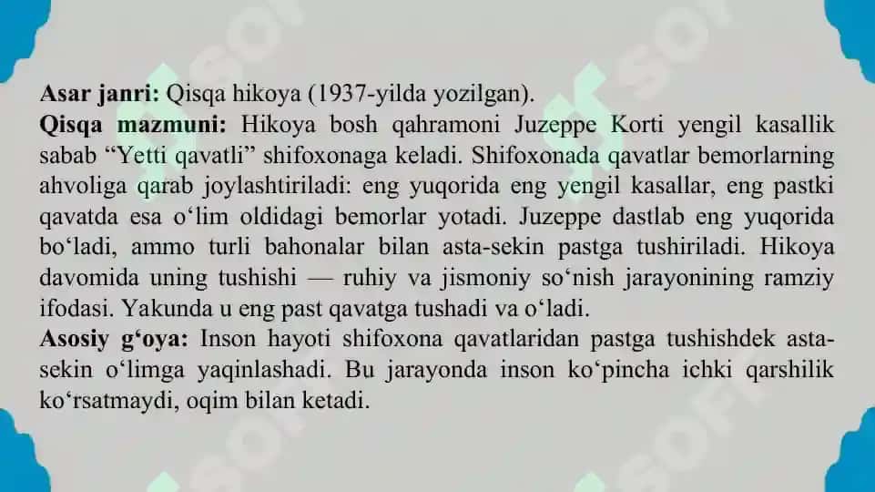 Dino Buzzatining Yetti qavat asari va Xurshid Do‘stmuhammadning Jimjitxonaga yo‘l asarlari qiyosiy tahlili. Taqdimot 13 bet. 3