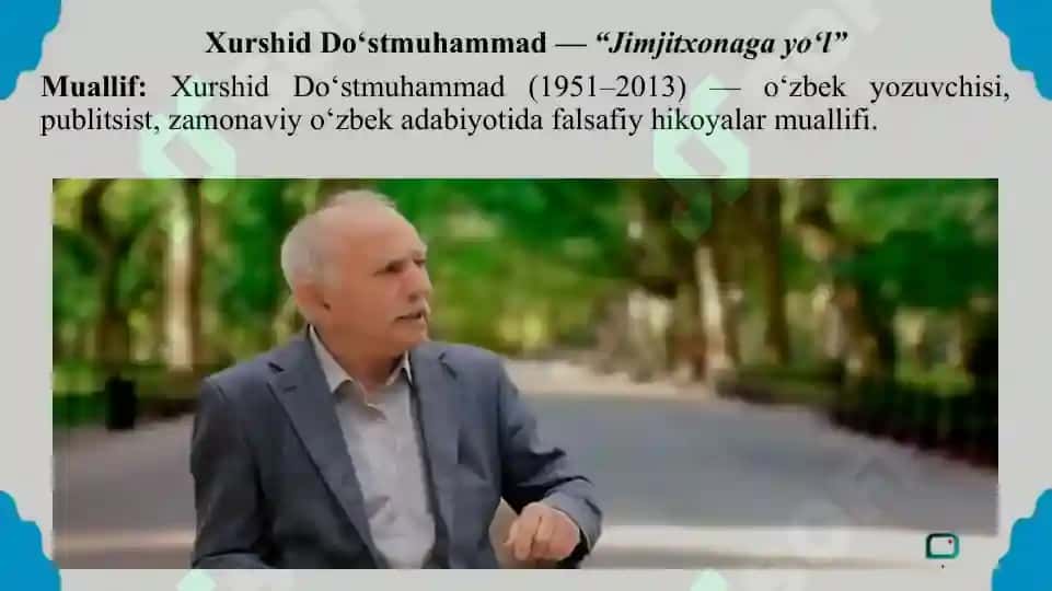 Dino Buzzatining Yetti qavat asari va Xurshid Do‘stmuhammadning Jimjitxonaga yo‘l asarlari qiyosiy tahlili. Taqdimot 13 bet. 4