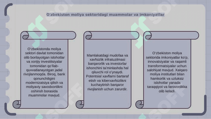 O'zbekiston Respublikasida moliya, pul va bank tizimi. Mudofaa va xavfsizlik. 6