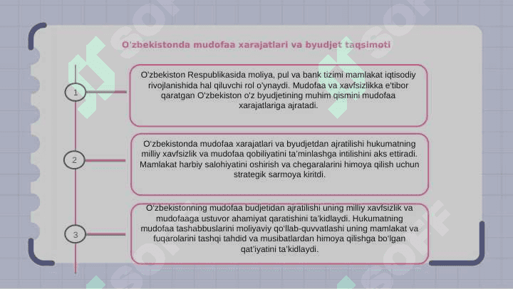 O'zbekiston Respublikasida moliya, pul va bank tizimi. Mudofaa va xavfsizlik. 8