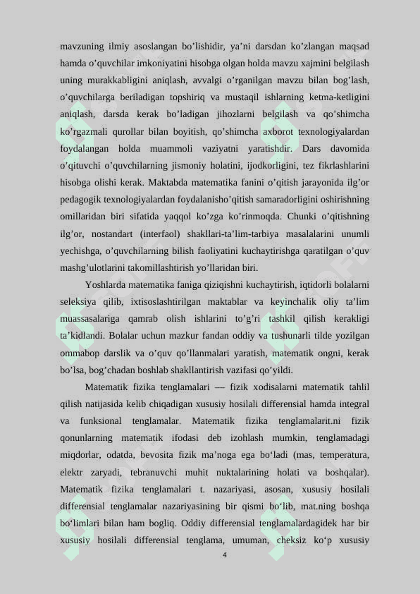 “Bir o’lchovli issiqlik o’tkazuvchanlik tenglamasi uchun chegaraviy masalalarni Fur’e usulida yechish” 4