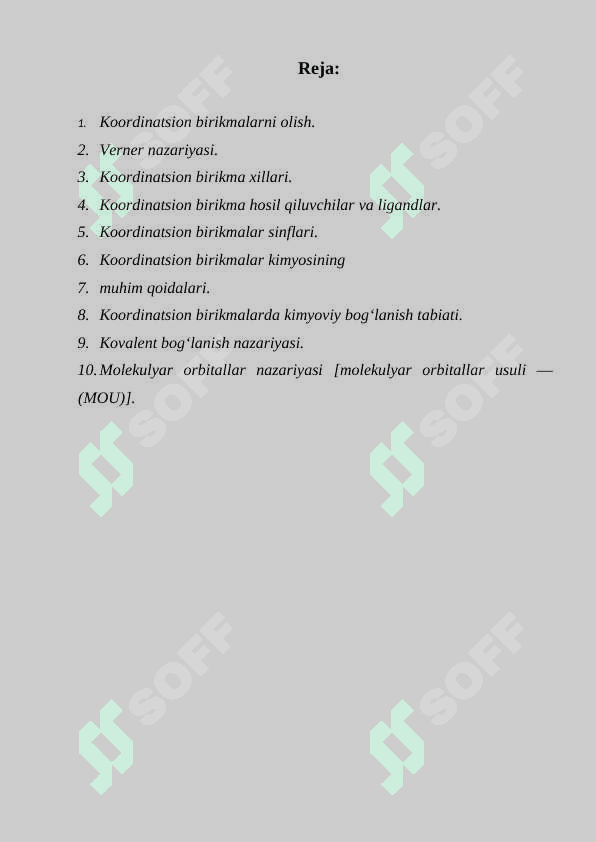 :” Kompleks birikmalar tuzilishi, verner nazariyasi, kompleks birikmalarda izomeriya magnetik xodisalar 2