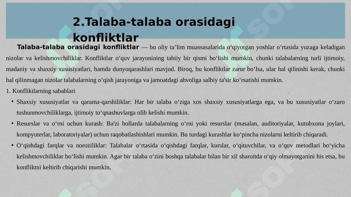 OLIY TAʼLIM TIZIMI SUBʼEKTLARI TALABA -TALABA , TALABA -PEDAGOG, TALABA MAʼMURIYAT ORASIDAGI KONFLIKTLAR VA ULARNI YECHIMLARI. 5