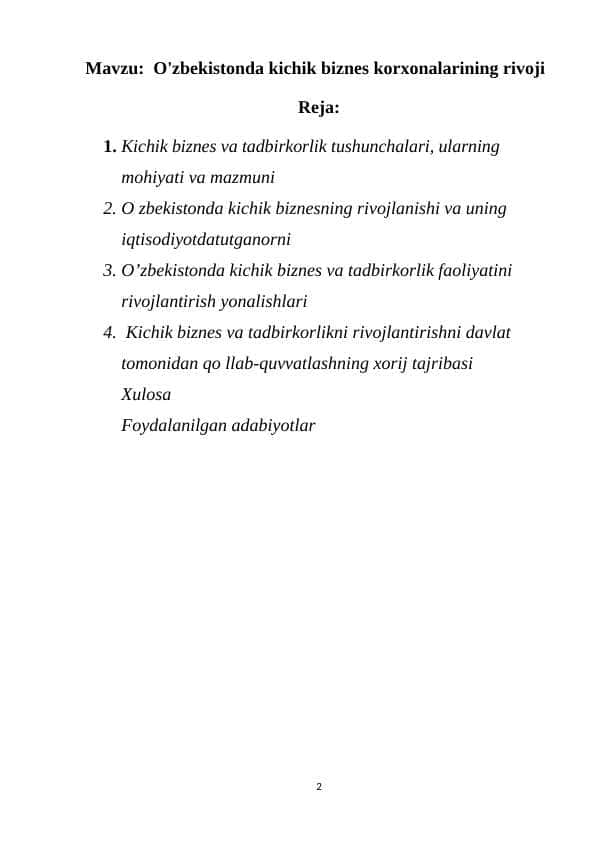 O'zbekistonda kichik biznes korxonalarining rivoji