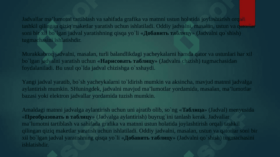 Jadval yaratish. Stillar jadvali, shriftlar, maxsus belgilar. Tasvirlar va murojaatlar kartasining qo‘shimcha xususiyatlari 4
