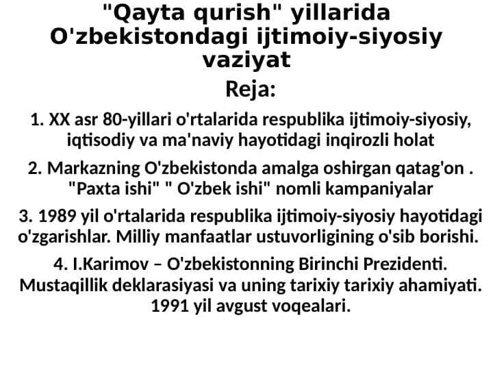 "Qayta qurish" yillarida O'zbekistondagi ijtimoiy-siyosiy vaziyat