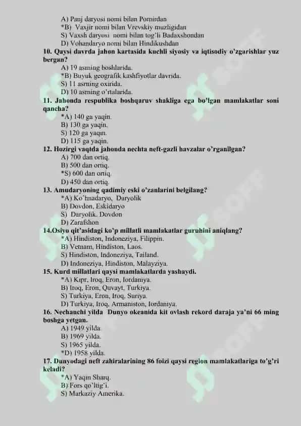 Geografiya fanidan test savollari 2