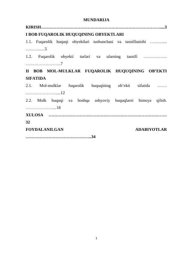 MOL-MULKLAR FUQAROLIK HUQUQINING OB’EKTI SIFATIDA