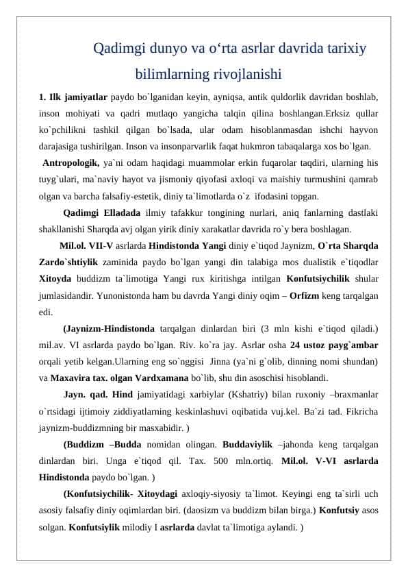 Qadimgi dunyo va o‘rta asrlar davrida tarixiy bilimlarning rivojlanishi 24 1