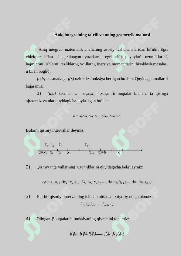 ANIQ INTEGRAL,UNING GEOMETRIK MA'NOSI XOSSALARI.NYUTON LEYBNITS FORMULASI.ANIQ INTEGRALNI HISOBLASH USULLARI.ANIQ TADBIQLAR 2