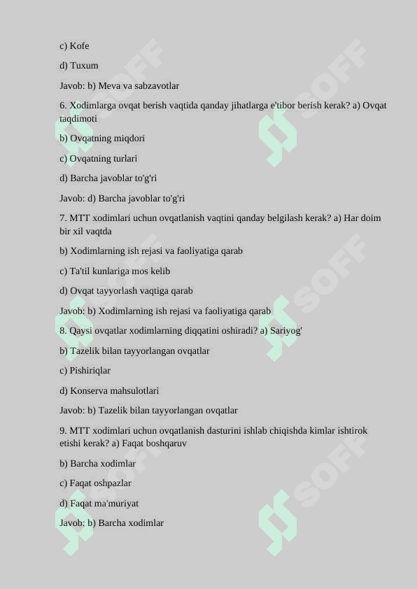 MTT xodimlari uchun ovqatlanish rejasi 2