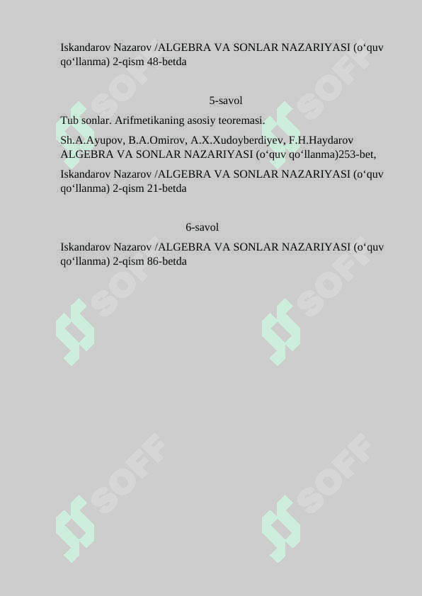 Algebra fanidan oraliq hamda yakuniy uchun savol va javoblar 2