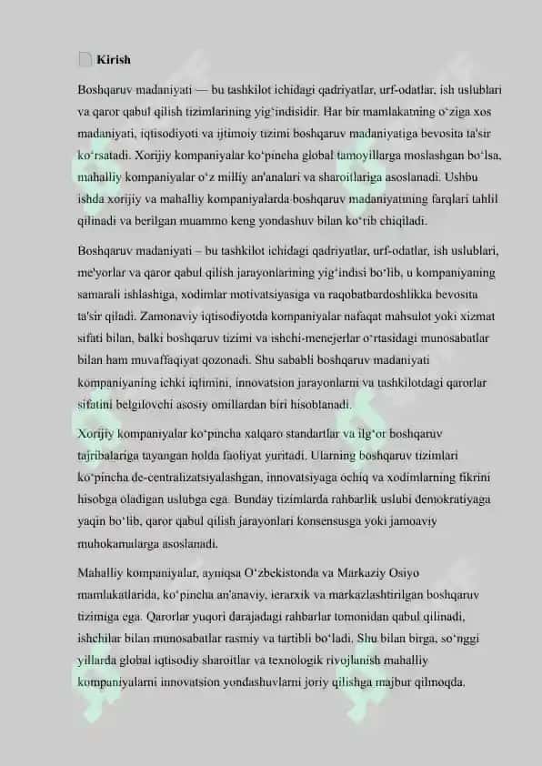 “XORIJIY VA MAHALLIY KOMPANIYALARDA BOSHQARUV MADANIYATINI QIYOSLASH VA BERILGAN MUAMMONI KENG TAHLIL QILISH” 2
