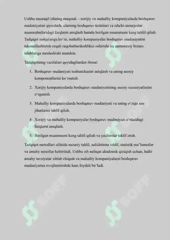 “XORIJIY VA MAHALLIY KOMPANIYALARDA BOSHQARUV MADANIYATINI QIYOSLASH VA BERILGAN MUAMMONI KENG TAHLIL QILISH” 3