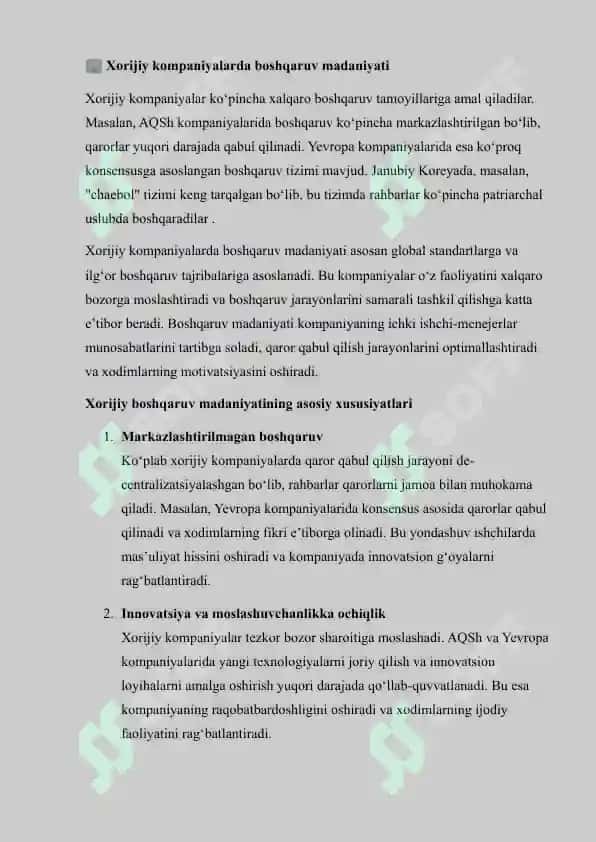 “XORIJIY VA MAHALLIY KOMPANIYALARDA BOSHQARUV MADANIYATINI QIYOSLASH VA BERILGAN MUAMMONI KENG TAHLIL QILISH” 4