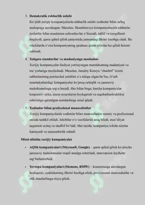 “XORIJIY VA MAHALLIY KOMPANIYALARDA BOSHQARUV MADANIYATINI QIYOSLASH VA BERILGAN MUAMMONI KENG TAHLIL QILISH” 5