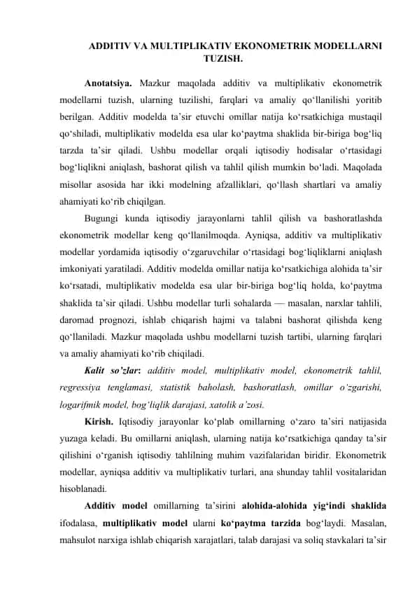 ADDITIV VA MULTIPLIKATIV EKONOMETRIK MODELLARNI TUZISH