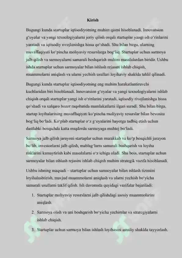 STARTUPLAR UCHUN SARMOYALAR BILAN ISHLASH REJASINI ISHLAB CHIQISH 2
