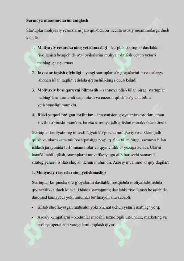 STARTUPLAR UCHUN SARMOYALAR BILAN ISHLASH REJASINI ISHLAB CHIQISH 4