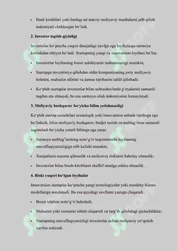 STARTUPLAR UCHUN SARMOYALAR BILAN ISHLASH REJASINI ISHLAB CHIQISH 5