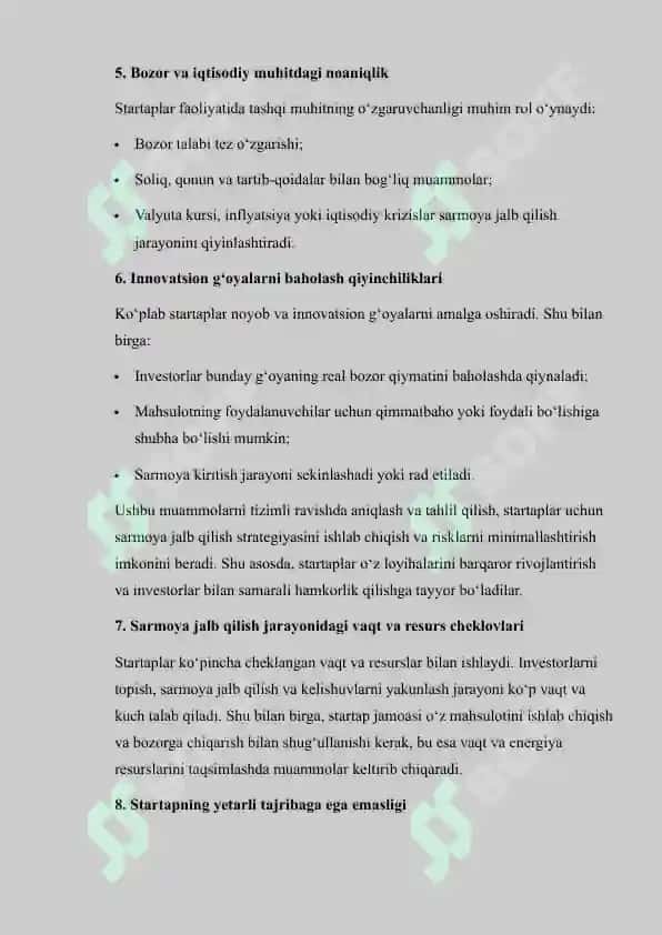 STARTUPLAR UCHUN SARMOYALAR BILAN ISHLASH REJASINI ISHLAB CHIQISH 6