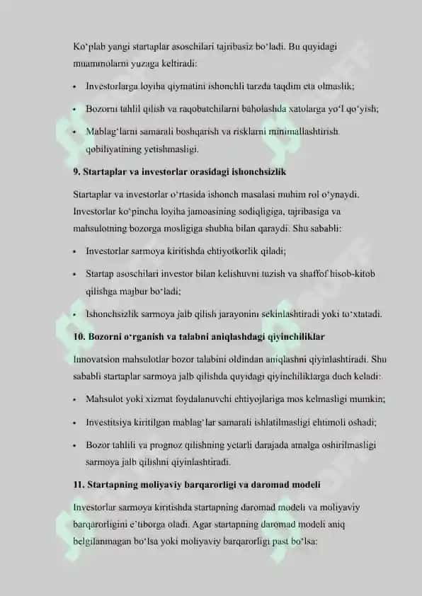 STARTUPLAR UCHUN SARMOYALAR BILAN ISHLASH REJASINI ISHLAB CHIQISH 7