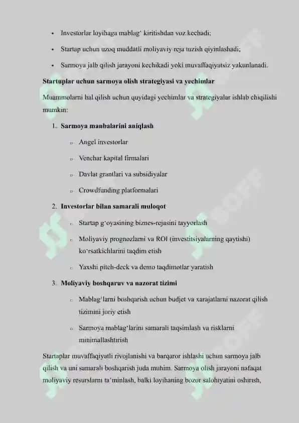 STARTUPLAR UCHUN SARMOYALAR BILAN ISHLASH REJASINI ISHLAB CHIQISH 8