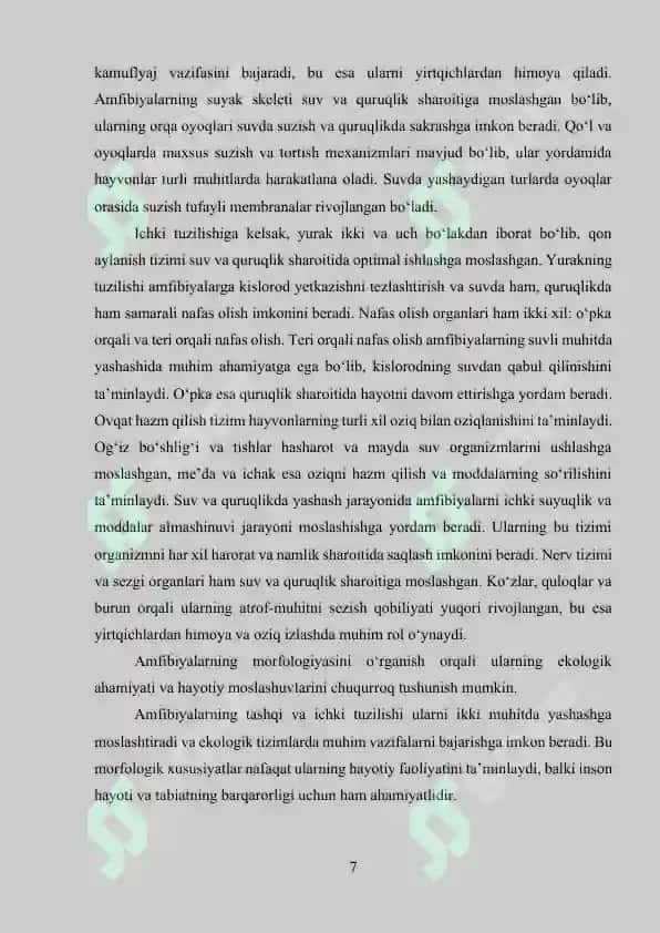 O’zbekiston faunasida uchraydigan suvda ham quruqlikda yashovchilar hayoti va ahamiyati 7