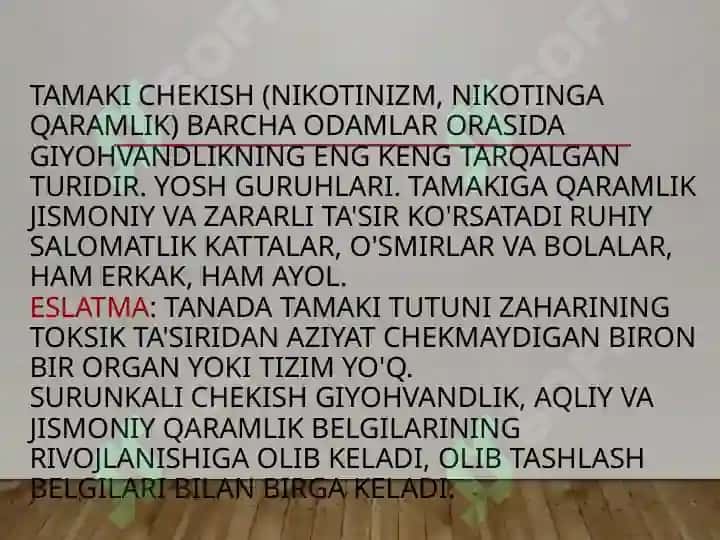 Nikotinizm va uning asoratlari. Nikotinizmning o’smirlar va ayollar organizmiga ta’siri 2