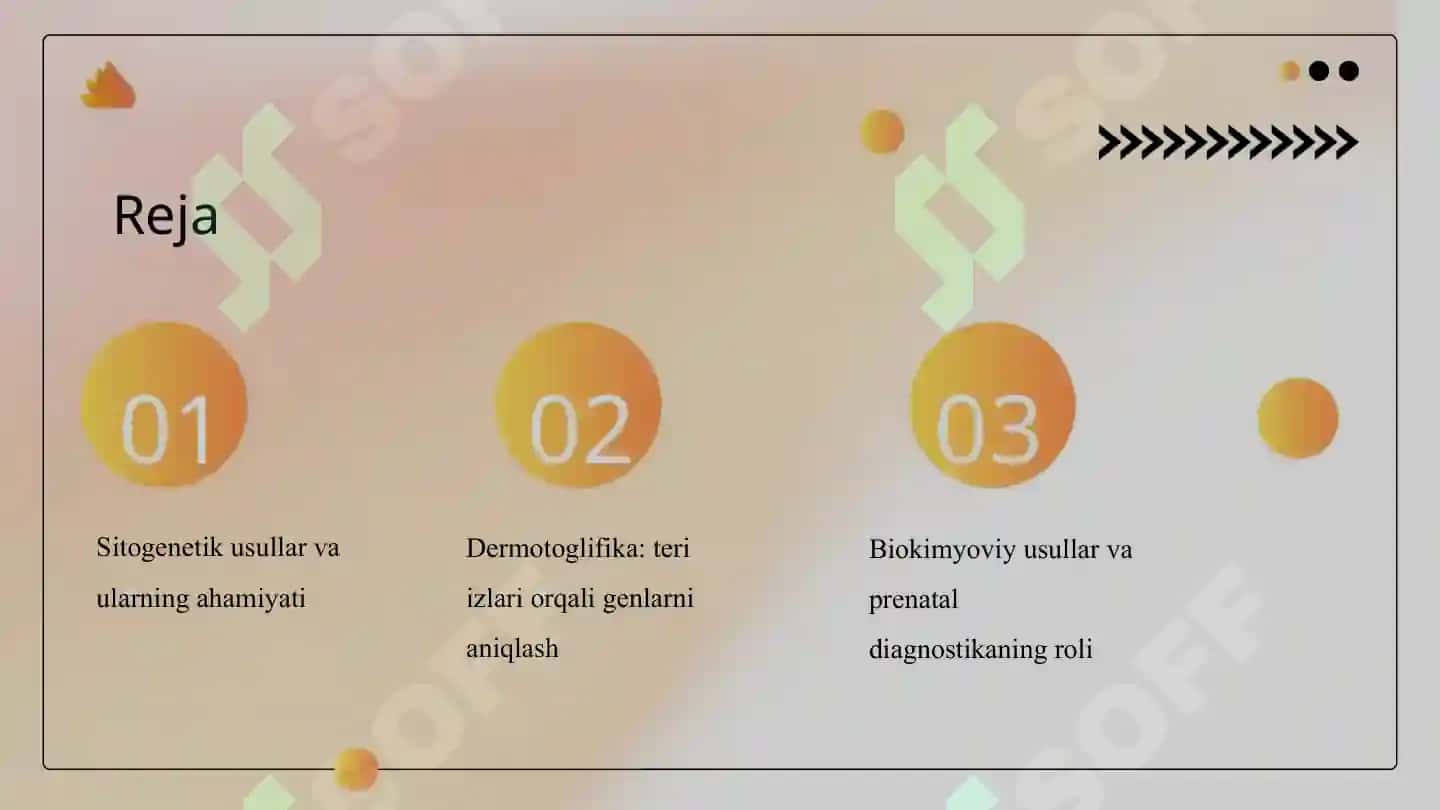 Odam genetikasini oʻrganish usullari sitogenetik, dermotoglifika, biokimyoviy. Prenetal diagnostika 2