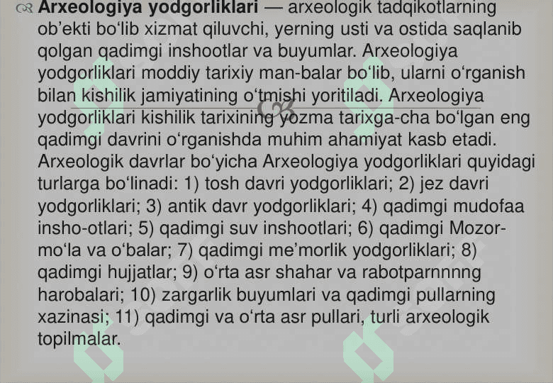 ARXEOLOGIK YODGORLIKLARNING TURLARI SURATINI OLISH (INTERNET MANBALARIDAN 2