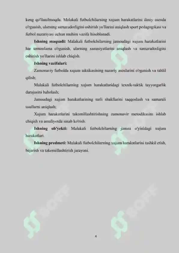 Malakali fubolchilarning jamoadagi xujum harakatlarining tadqiq qilish. 4
