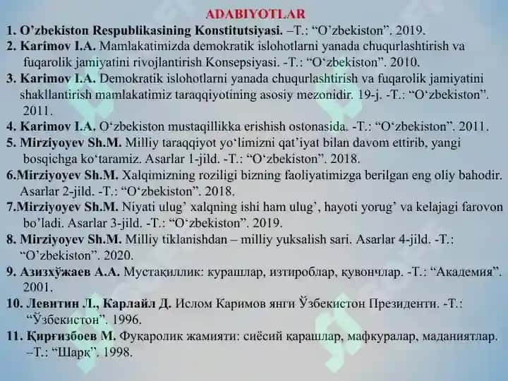 O‘zbekistonda Huquqiy Siyosiy islohotlarning amalga oshirilishi, demokratik jamityatni shakllantirish yo‘lidagi islohotlar 2